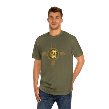 A New Mexican Favorite, Eternal Grace Classic Tee with Biblical Scriptures surrounding BML logo and in the form of the famed & respected Zia Pueblo Symbol