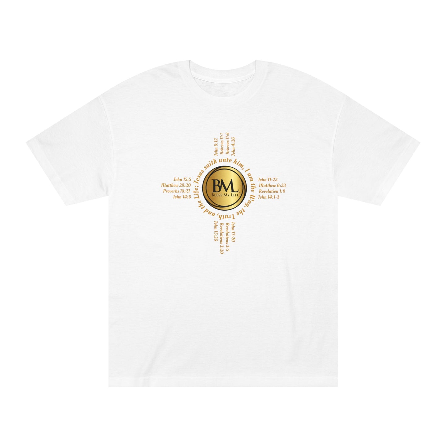 A New Mexican Favorite, Eternal Grace Classic Tee with Biblical Scriptures surrounding BML logo and in the form of the famed & respected Zia Pueblo Symbol