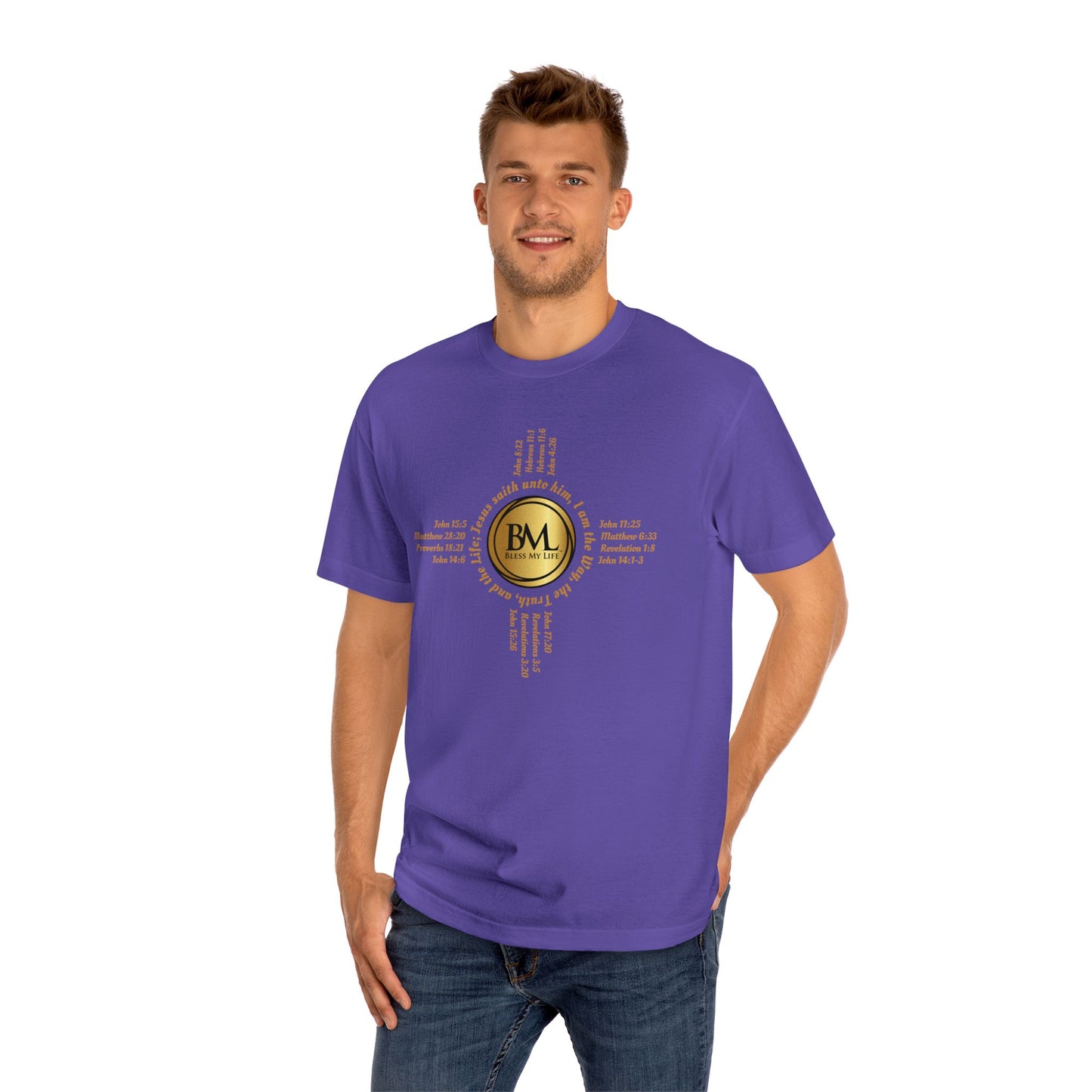A New Mexican Favorite, Eternal Grace Classic Tee with Biblical Scriptures surrounding BML logo and in the form of the famed & respected Zia Pueblo Symbol
